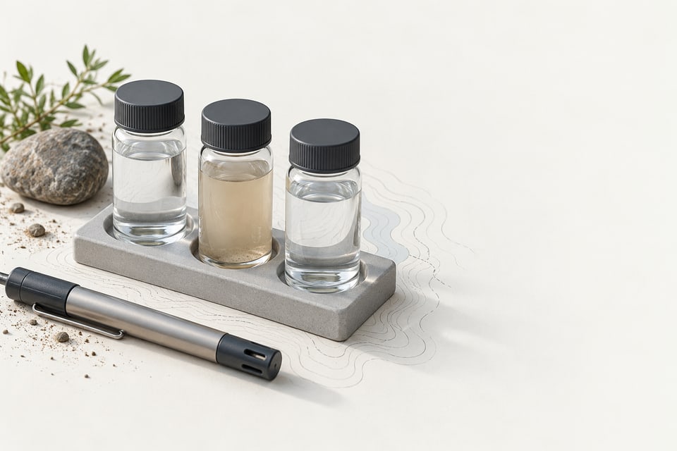 Three water sample vials, including one cloudy sample, with field sampling equipment.