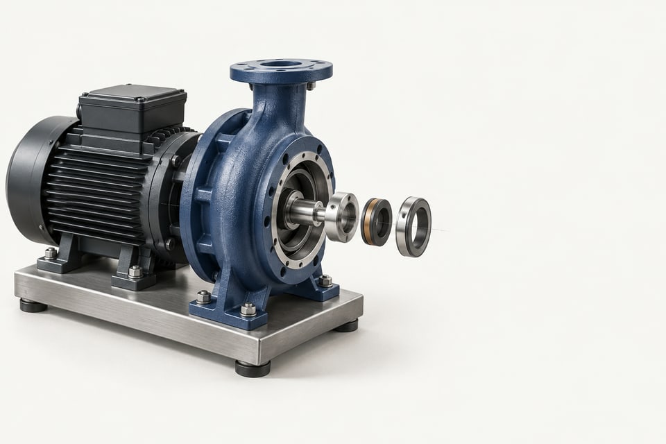 An industrial pump with its seal components laid out for inspection.